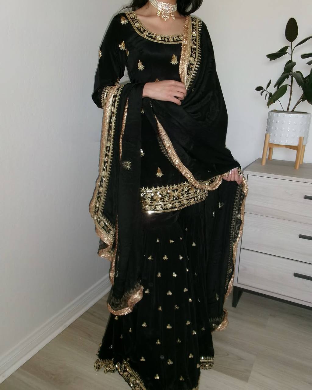 Beautiful Black Color Heavy Embroidered Work Sharara Suit With Dupatta