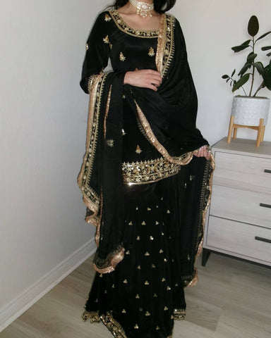Beautiful Black Color Heavy Embroidered Work Sharara Suit With Dupatta