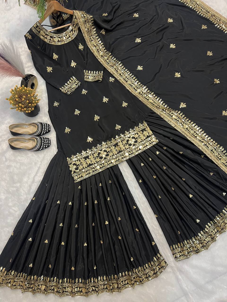 Beautiful Black Color Heavy Embroidered Work Sharara Suit With Dupatta