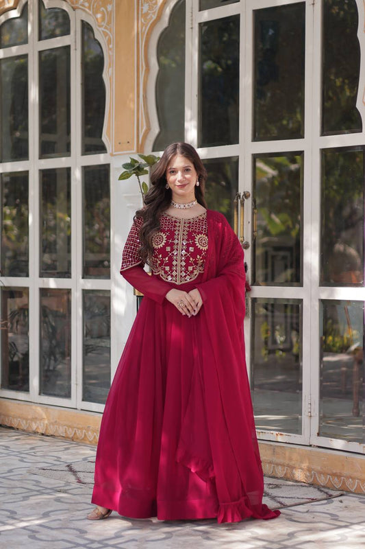 Party Wear Dark Pink Color Faux Blooming Georgette With Attractive Embroidered Work Designer Gown