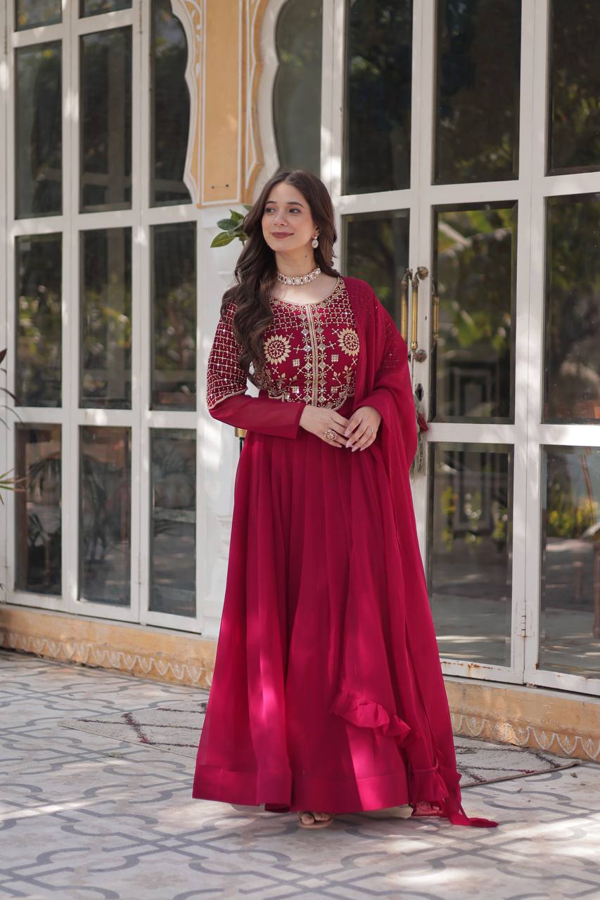 Party Wear Dark Pink Color Faux Blooming Georgette With Attractive Embroidered Work Designer Gown