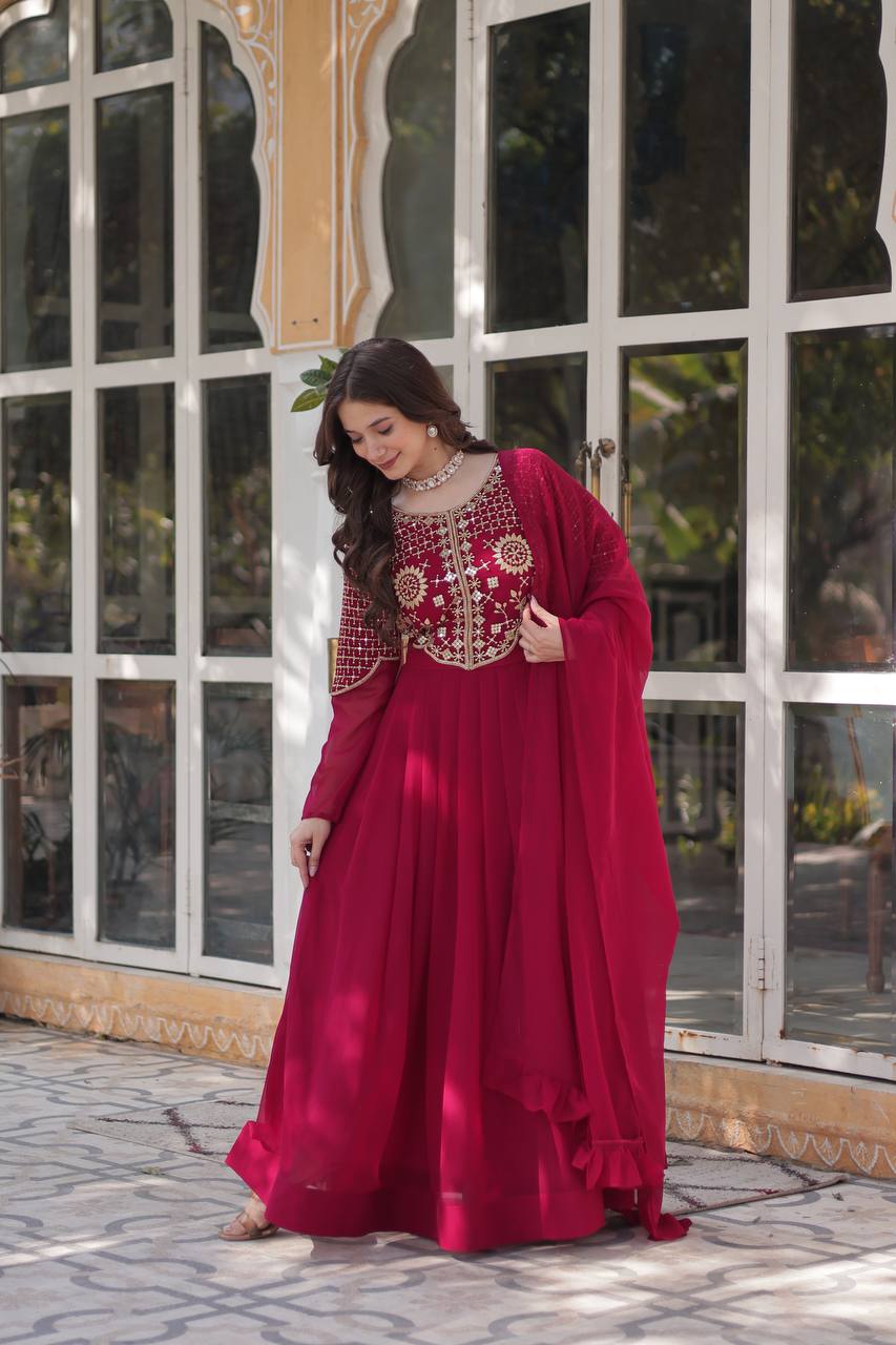Party Wear Dark Pink Color Faux Blooming Georgette With Attractive Embroidered Work Designer Gown