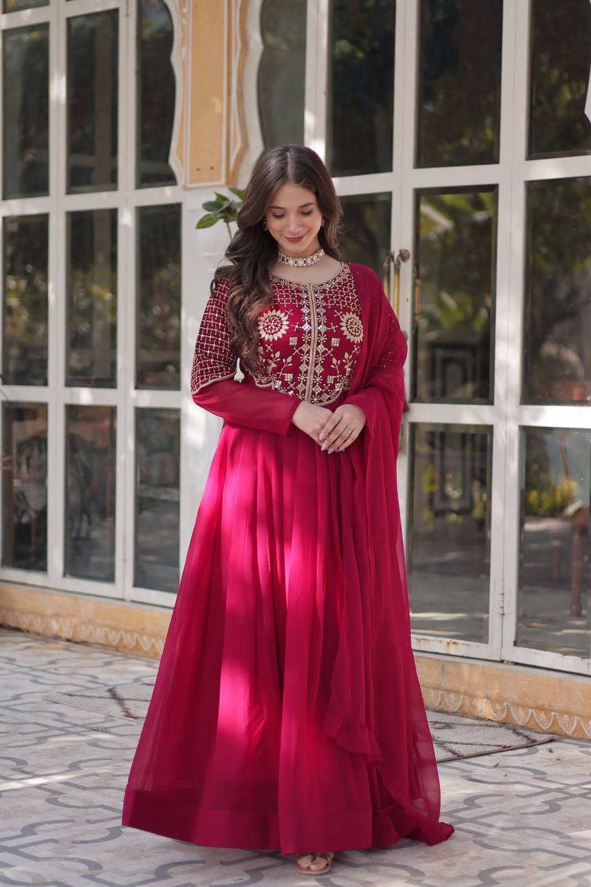 Party Wear Dark Pink Color Faux Blooming Georgette With Attractive Embroidered Work Designer Gown