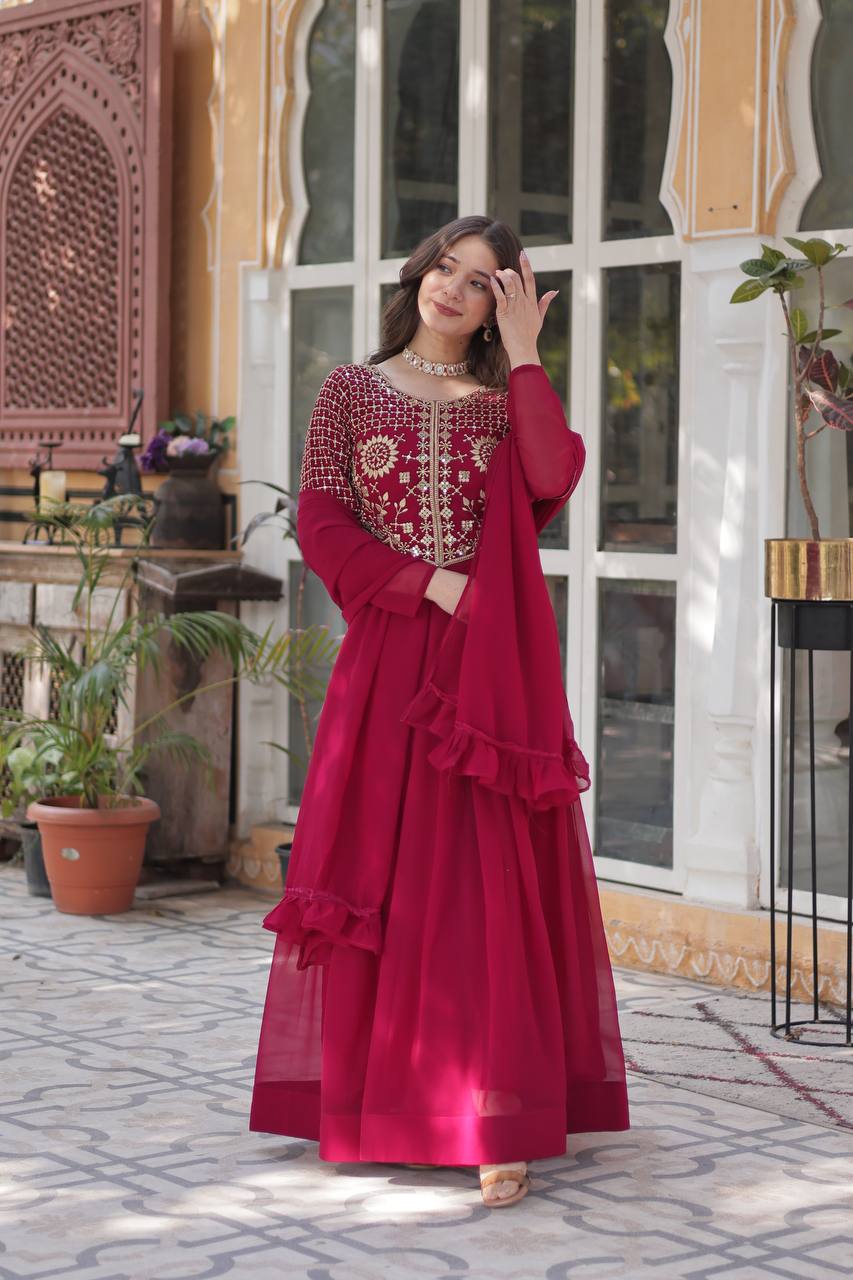 Party Wear Dark Pink Color Faux Blooming Georgette With Attractive Embroidered Work Designer Gown