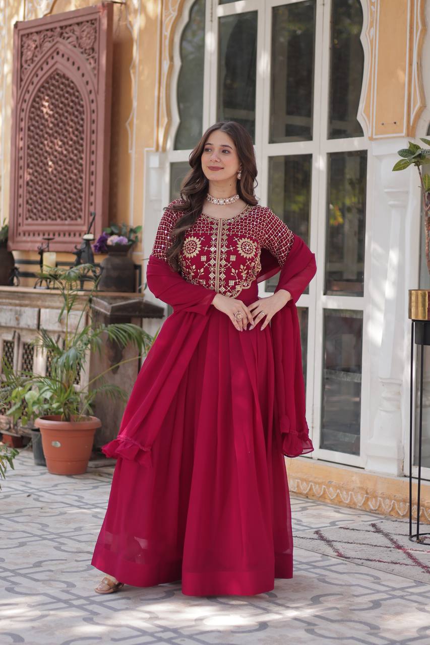 Party Wear Dark Pink Color Faux Blooming Georgette With Attractive Embroidered Work Designer Gown