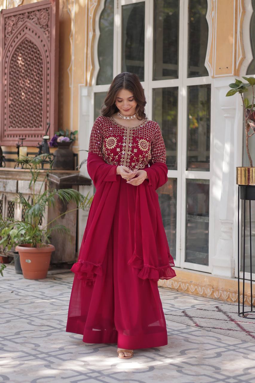 Party Wear Dark Pink Color Faux Blooming Georgette With Attractive Embroidered Work Designer Gown