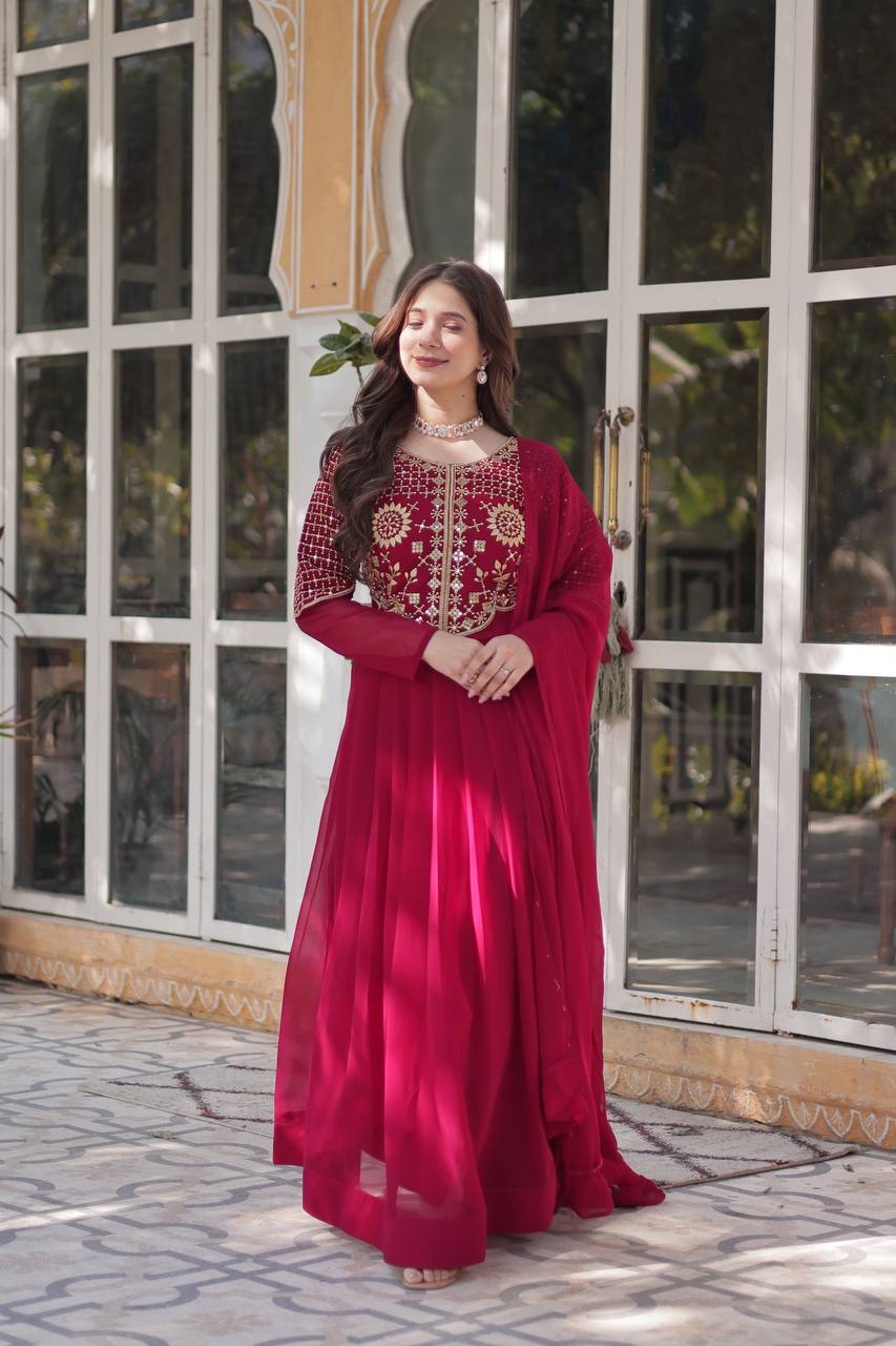 Party Wear Dark Pink Color Faux Blooming Georgette With Attractive Embroidered Work Designer Gown