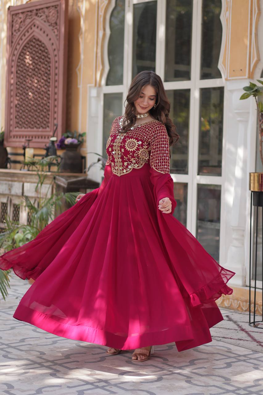 Party Wear Dark Pink Color Faux Blooming Georgette With Attractive Embroidered Work Designer Gown