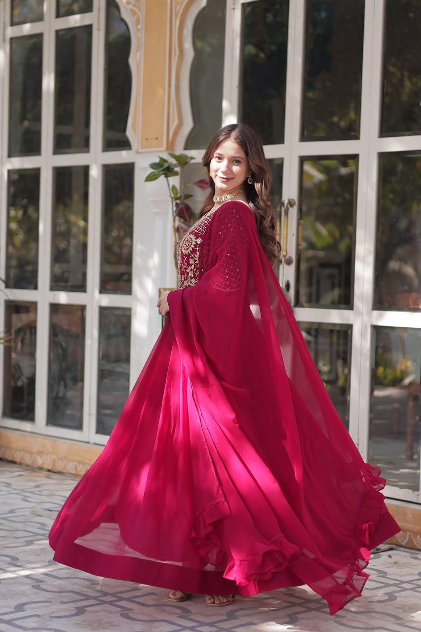 Party Wear Dark Pink Color Faux Blooming Georgette With Attractive Embroidered Work Designer Gown