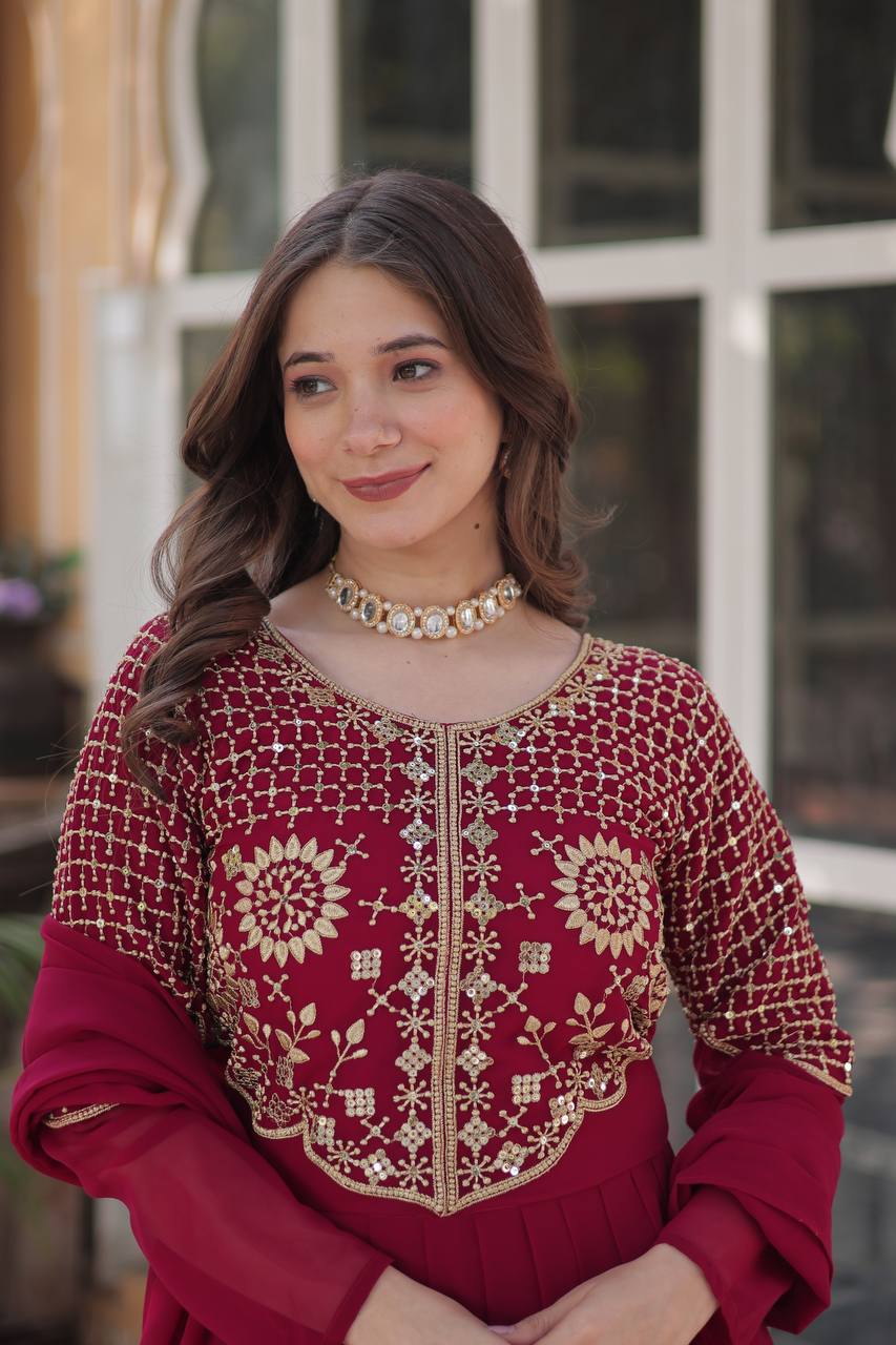 Party Wear Dark Pink Color Faux Blooming Georgette With Attractive Embroidered Work Designer Gown