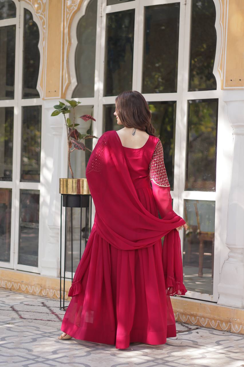 Party Wear Dark Pink Color Faux Blooming Georgette With Attractive Embroidered Work Designer Gown