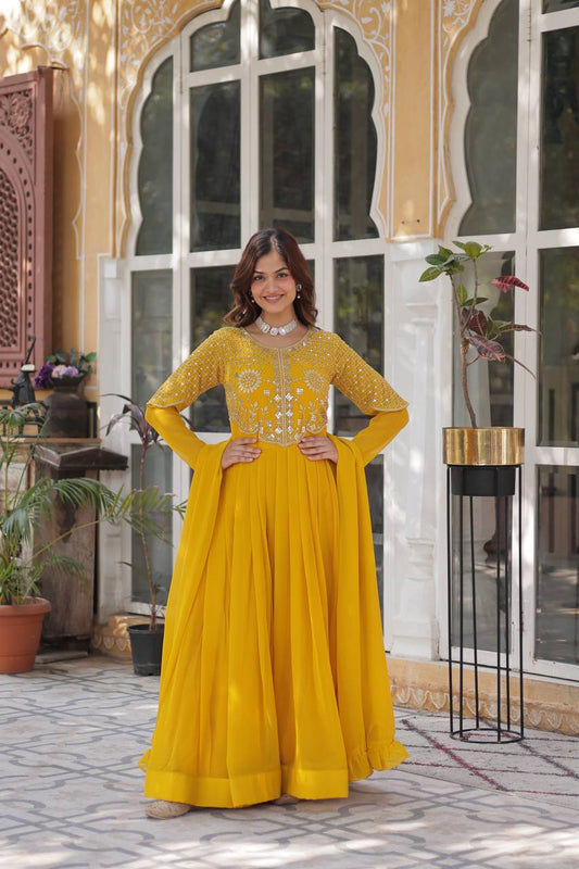 Party Wear Yellow Color Faux Blooming Georgette With Attractive Embroidered Work Designer Gown