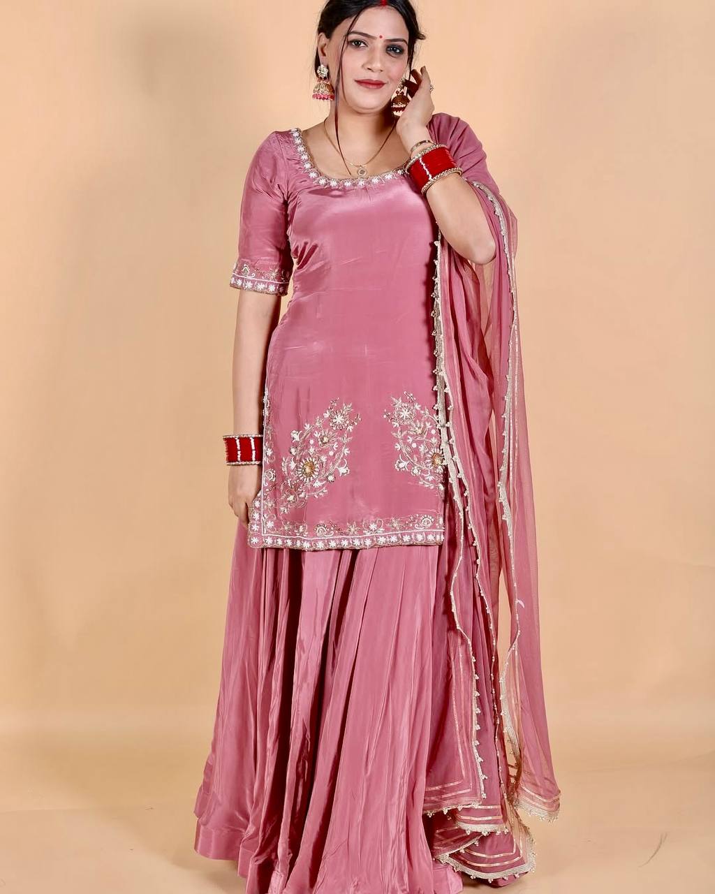 Beautiful Pink Color Heavy Natural Crepe Embroidered Sequence Work with Fancy Top-Sharara-Dupatta Set