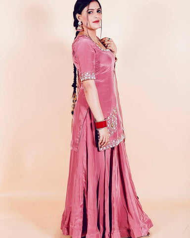 Beautiful Pink Color Heavy Natural Crepe Embroidered Sequence Work with Fancy Top-Sharara-Dupatta Set