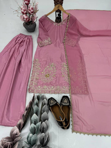 Beautiful Pink Color Heavy Natural Crepe Embroidered Sequence Work with Fancy Top-Sharara-Dupatta Set