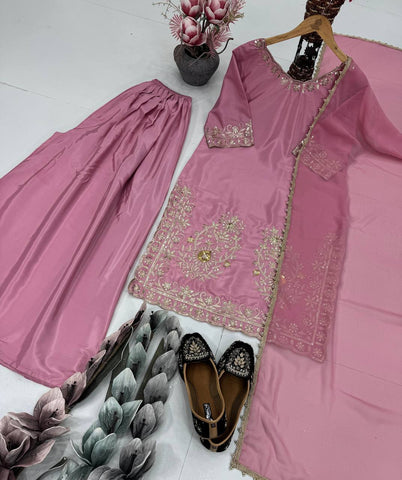 Beautiful Pink Color Heavy Natural Crepe Embroidered Sequence Work with Fancy Top-Sharara-Dupatta Set
