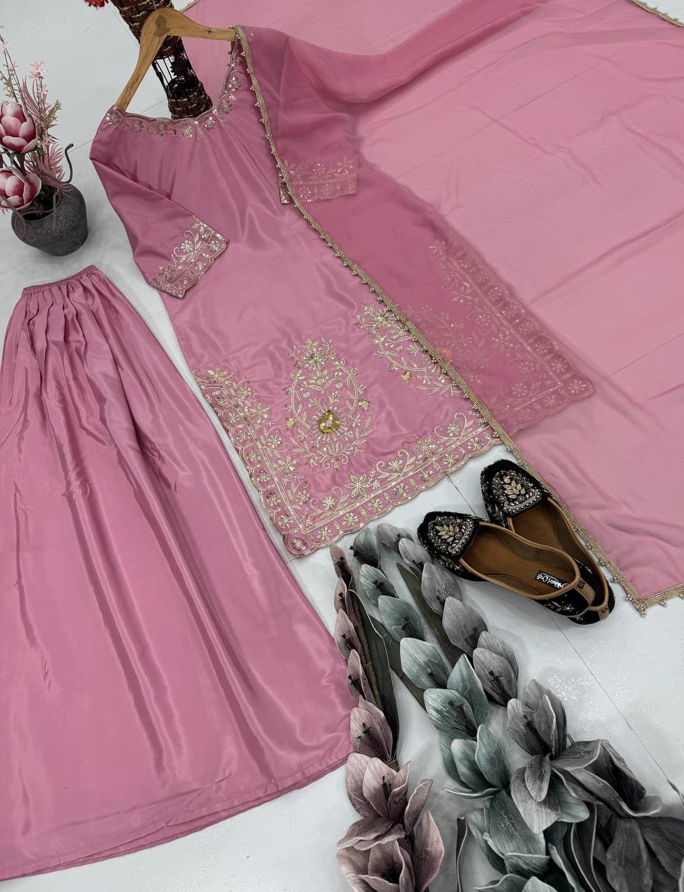 Wedding Wear Pink Color Embroidered Sequin Work Sharara Suit