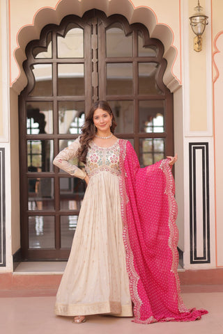 Occasion Wear Jaquard Embroidered Off White Color Designer Gown & Pink Dupatta Set