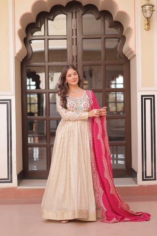 Occasion Wear Jaquard Embroidered Off White Color Designer Gown & Pink Dupatta Set