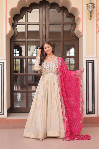 Occasion Wear Jaquard Embroidered Off White Color Designer Gown & Pink Dupatta Set