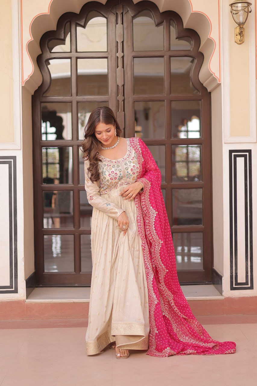 Occasion Wear Jaquard Embroidered Off White Color Designer Gown & Pink Dupatta Set