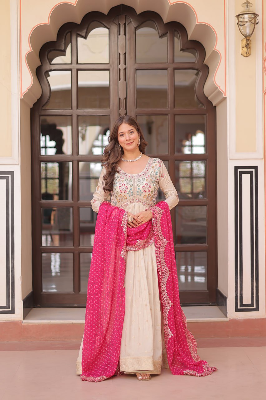 Occasion Wear Jaquard Embroidered Off White Color Designer Gown & Pink Dupatta Set