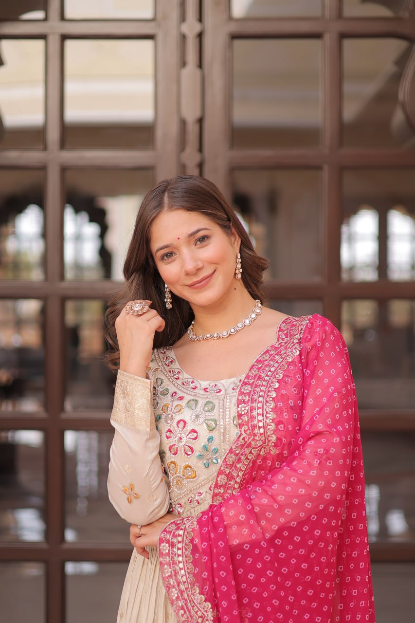 Occasion Wear Jaquard Embroidered Off White Color Designer Gown & Pink Dupatta Set