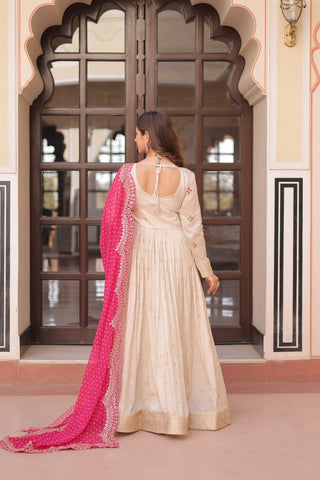 Occasion Wear Jaquard Embroidered Off White Color Designer Gown & Pink Dupatta Set