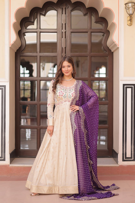 Occasion Wear Jaquard Embroidered Off White Color Designer Gown & Purple Dupatta Set