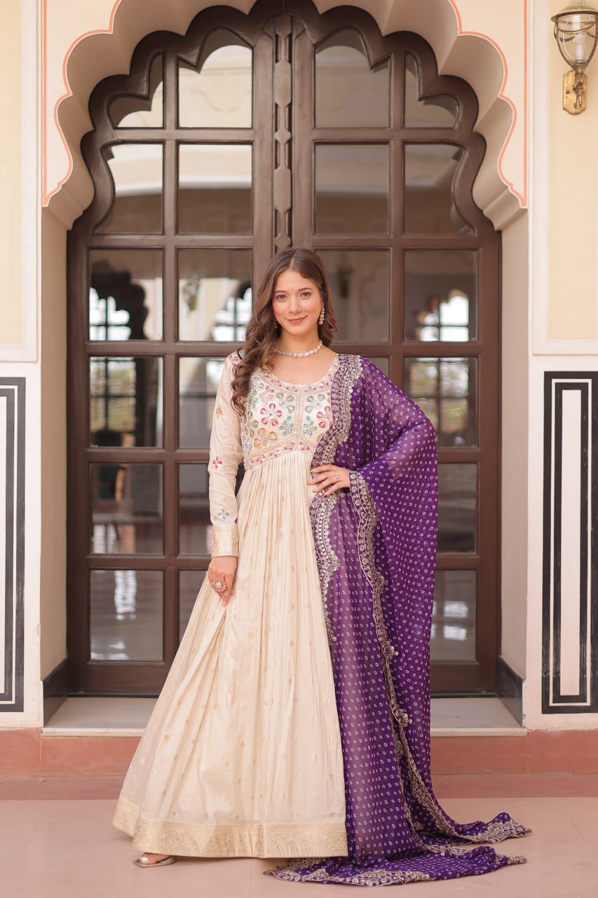 Occasion Wear Jaquard Embroidered Off White Color Designer Gown & Purple Dupatta Set