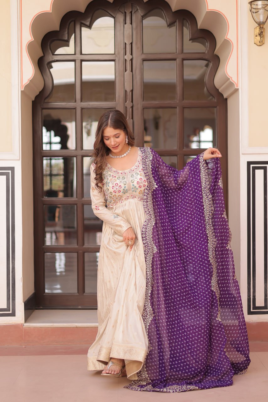 Occasion Wear Jaquard Embroidered Off White Color Designer Gown & Purple Dupatta Set