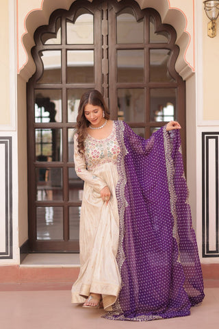 Occasion Wear Jaquard Embroidered Off White Color Designer Gown & Purple Dupatta Set