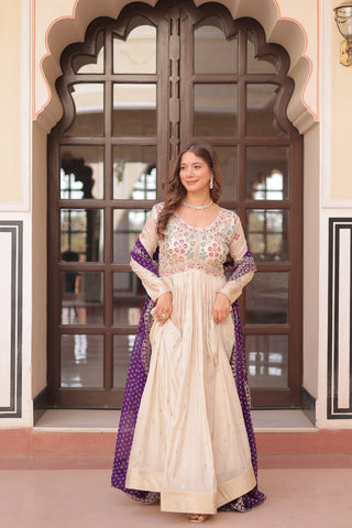 Occasion Wear Jaquard Embroidered Off White Color Designer Gown & Purple Dupatta Set