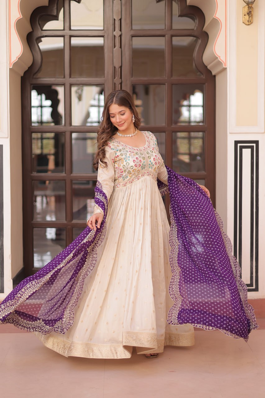 Occasion Wear Jaquard Embroidered Off White Color Designer Gown & Purple Dupatta Set