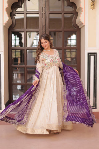 Occasion Wear Jaquard Embroidered Off White Color Designer Gown & Purple Dupatta Set