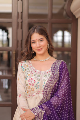 Occasion Wear Jaquard Embroidered Off White Color Designer Gown & Purple Dupatta Set
