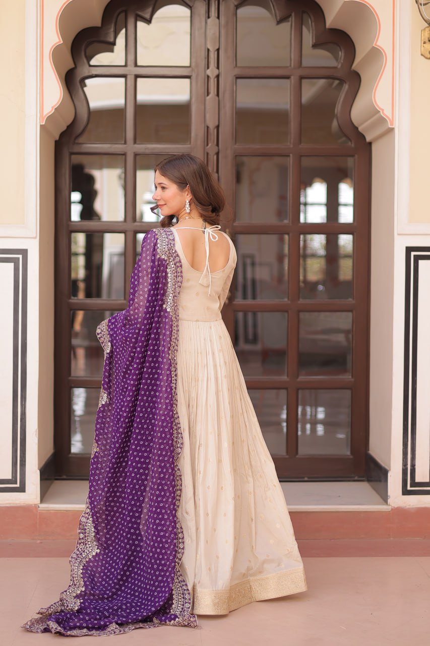 Occasion Wear Jaquard Embroidered Off White Color Designer Gown & Purple Dupatta Set