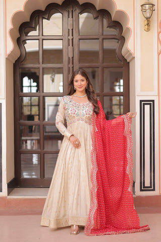Occasion Wear Jaquard Embroidered Off White Color Designer Gown & Orange Dupatta Set