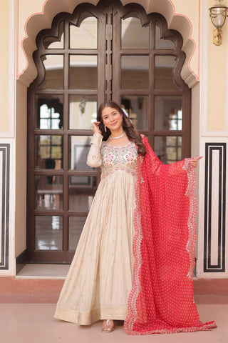Occasion Wear Jaquard Embroidered Off White Color Designer Gown & Orange Dupatta Set