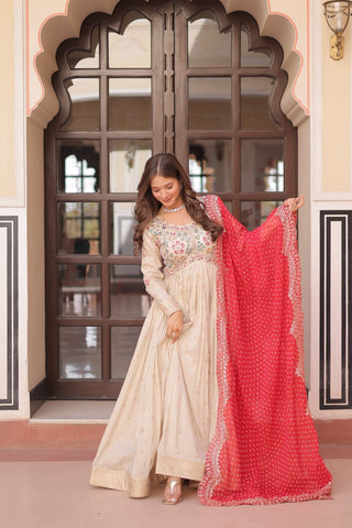 Occasion Wear Jaquard Embroidered Off White Color Designer Gown & Orange Dupatta Set