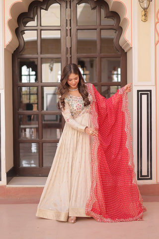 Occasion Wear Jaquard Embroidered Off White Color Designer Gown & Orange Dupatta Set