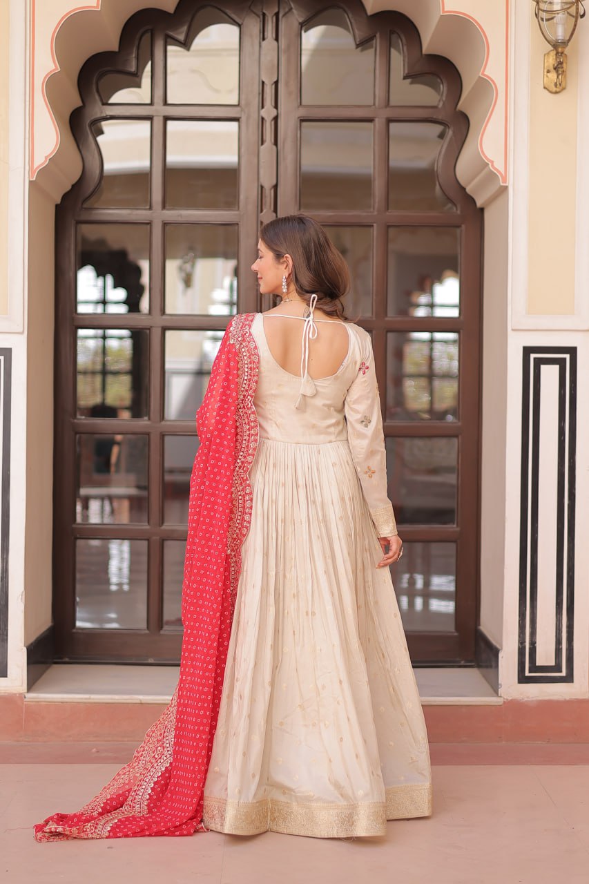 Occasion Wear Jaquard Embroidered Off White Color Designer Gown & Orange Dupatta Set