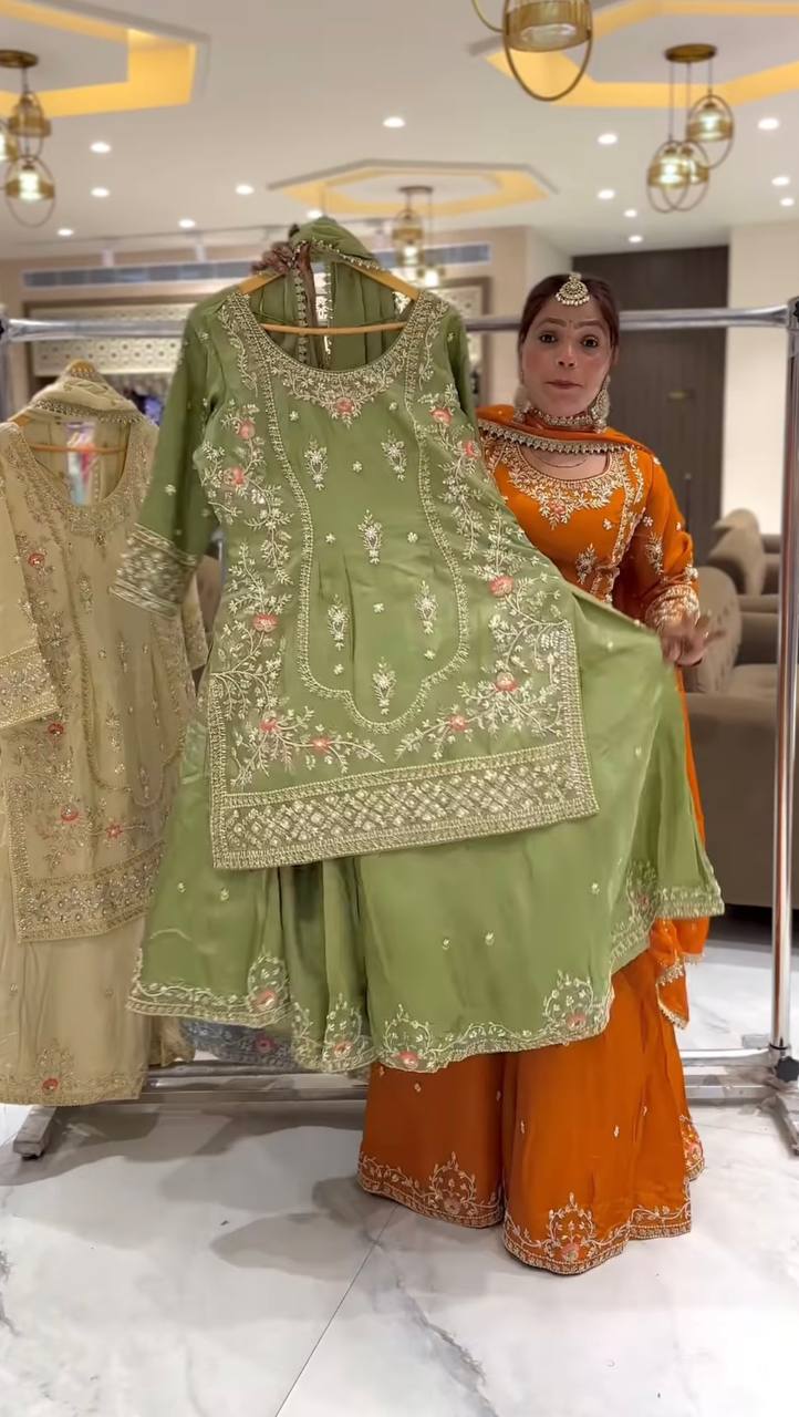 Function Wear Pista Color Natural Crep Material With Sequence Embroidery Work Sharara Suit