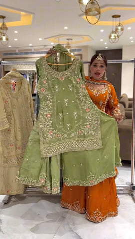 Function Wear Pista Color Natural Crep Material With Sequence Embroidery Work Sharara Suit