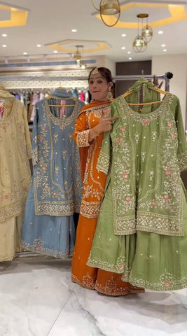 Function Wear Pista Color Natural Crep Material With Sequence Embroidery Work Sharara Suit