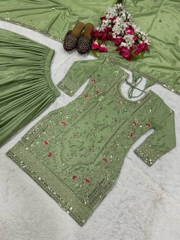 Function Wear Pista Color Natural Crep Material With Sequence Embroidery Work Sharara Suit