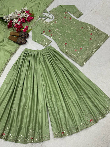 Function Wear Pista Color Natural Crep Material With Sequence Embroidery Work Sharara Suit