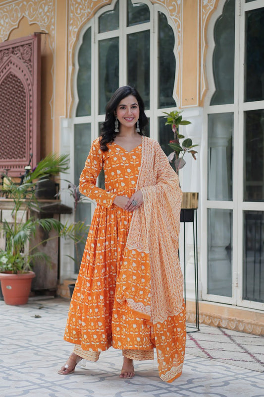 Fabulous Orange Color Pure Cotton Printed Designer Anarkali Suit
