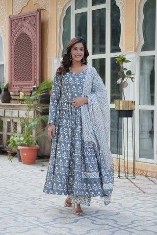 Fabulous Grey Color Pure Cotton Printed Designer Anarkali Suit
