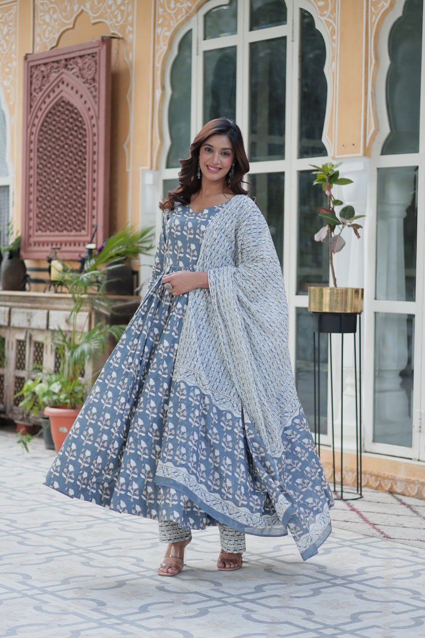 Fabulous Grey Color Pure Cotton Printed Designer Anarkali Suit